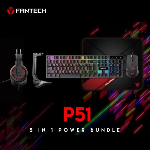 Fantech P51 Power Bundle 5-in-1 Gaming Set – Shikari Keyboard, Crypto VX7 Mouse, MP356 Mousepad, Flash HQ53 Headset & AC304 Stand