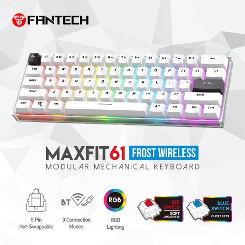 MAXFIT 61 MK857 Frost Wireless Modular Mechanical Keyboard – White (Red Switch)