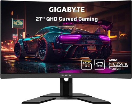 GIGABYTE G27QC A (27" 165Hz 1440P Curved Gaming Monitor, 2560 X 1440 VA 1500R Display, 1ms (MPRT) Response Time, 88% DCI-P3, HDR Ready, 1x Display Port 1.2)