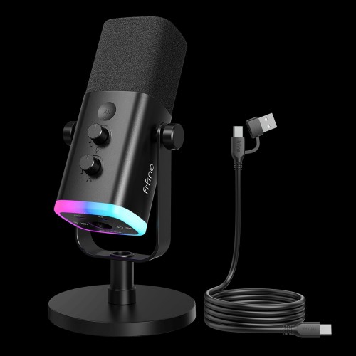 FIFINE AmpliGame AM8 XLR/USB Dynamic Microphone For Podcast Recording, PC Computer Gaming Streaming Mic With RGB Light, Mute Button, Headphones Jack, Desktop Stand, Vocal Mic For Singing YouTube