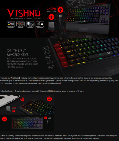 Redragon K596 VISHNU 2.4G Wireless/Wired RGB Mechanical Gaming Keyboard