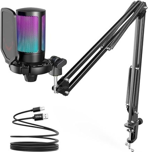 FIFINE -AmpliGame A6T Gaming PC USB Microphone, Podcast Condenser Mic With Boom Arm, Pop Filter, Mute Button For Streaming, Twitch, Online Chat, RGB Computer Mic For PS4/5 PC Gamer Youtuber
